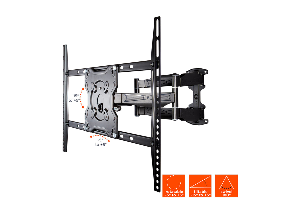 Frontal side view of the celexon TV Mount Adjust-S70460 when extended with technical specs shown as orange icons