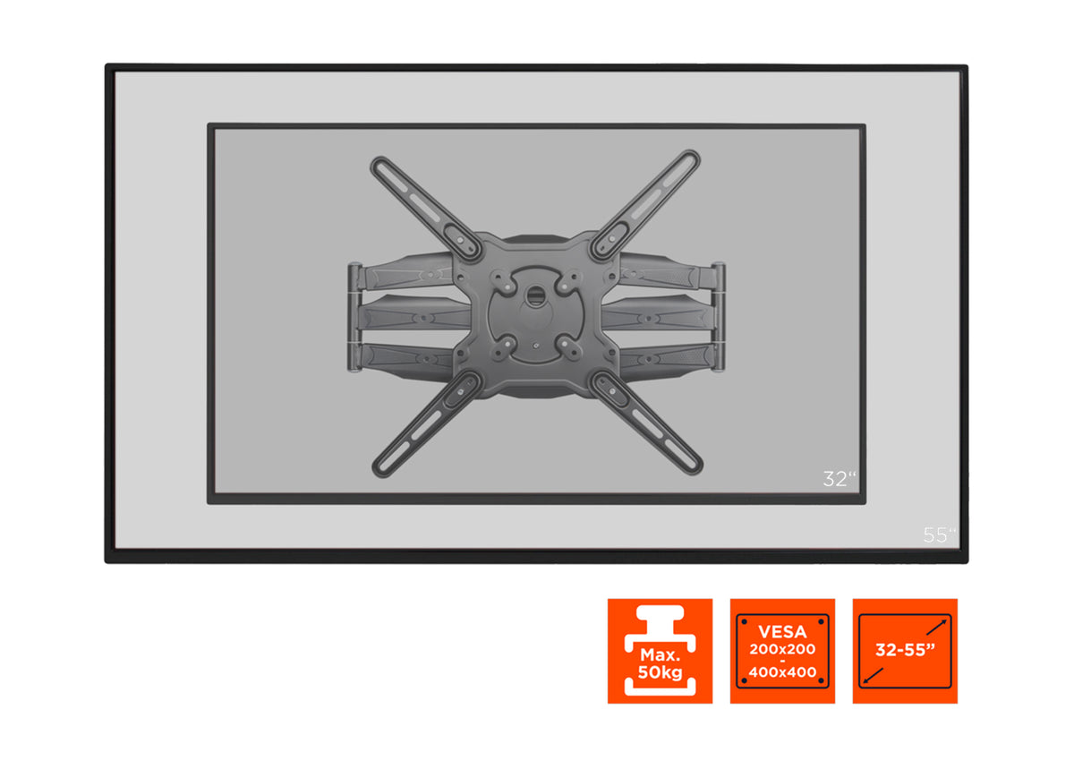Frontal view of the celexon TV Mount Adjust-SRT55470 with suggested displays and technical specs shown as orange icons