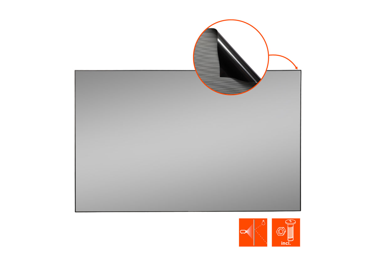 Front view of the celexon CLR HomeCinema Performance UST high-contrast fixed-frame projector screen without projection, including a close-up of the screen material and technical specs shown as orange icons.
