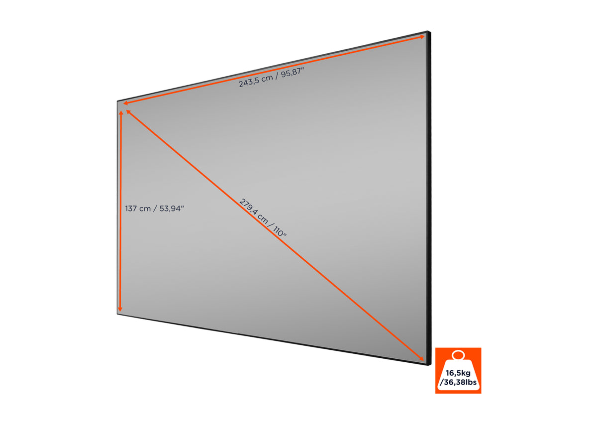 Frontal side view of the celexon CLR HomeCinema UST High Contrast Frame Projector Screen V2.0 with screen dimensions