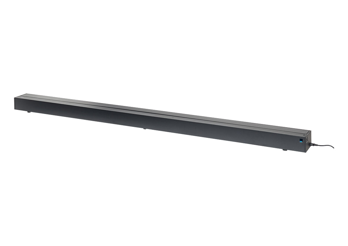 Angled front side view of the closed housing of the celexon HomeCinema V2.0 floor-rising scissor screen in black.