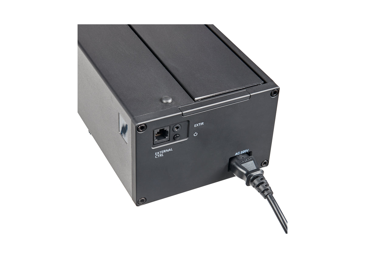 Close-up of the right side view of the celexon HomeCinema V2.0 floor-rising scissor screen in black. Power connection, control buttons, IR, and trigger ports are visible.