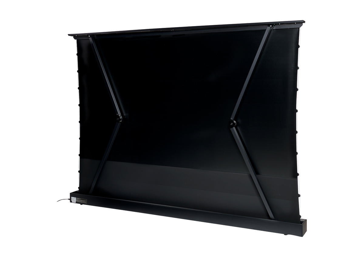 Rear view of the extended celexon HomeCinema V2.0 floor-rising scissor screen in black.
