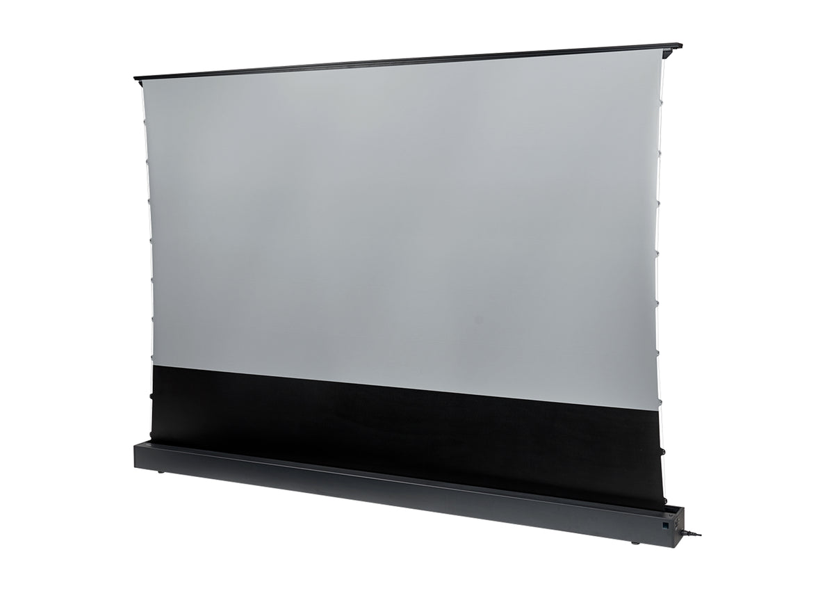 Angled front side view of the extended celexon HomeCinema V2.0 floor-rising scissor screen in black, without projection.