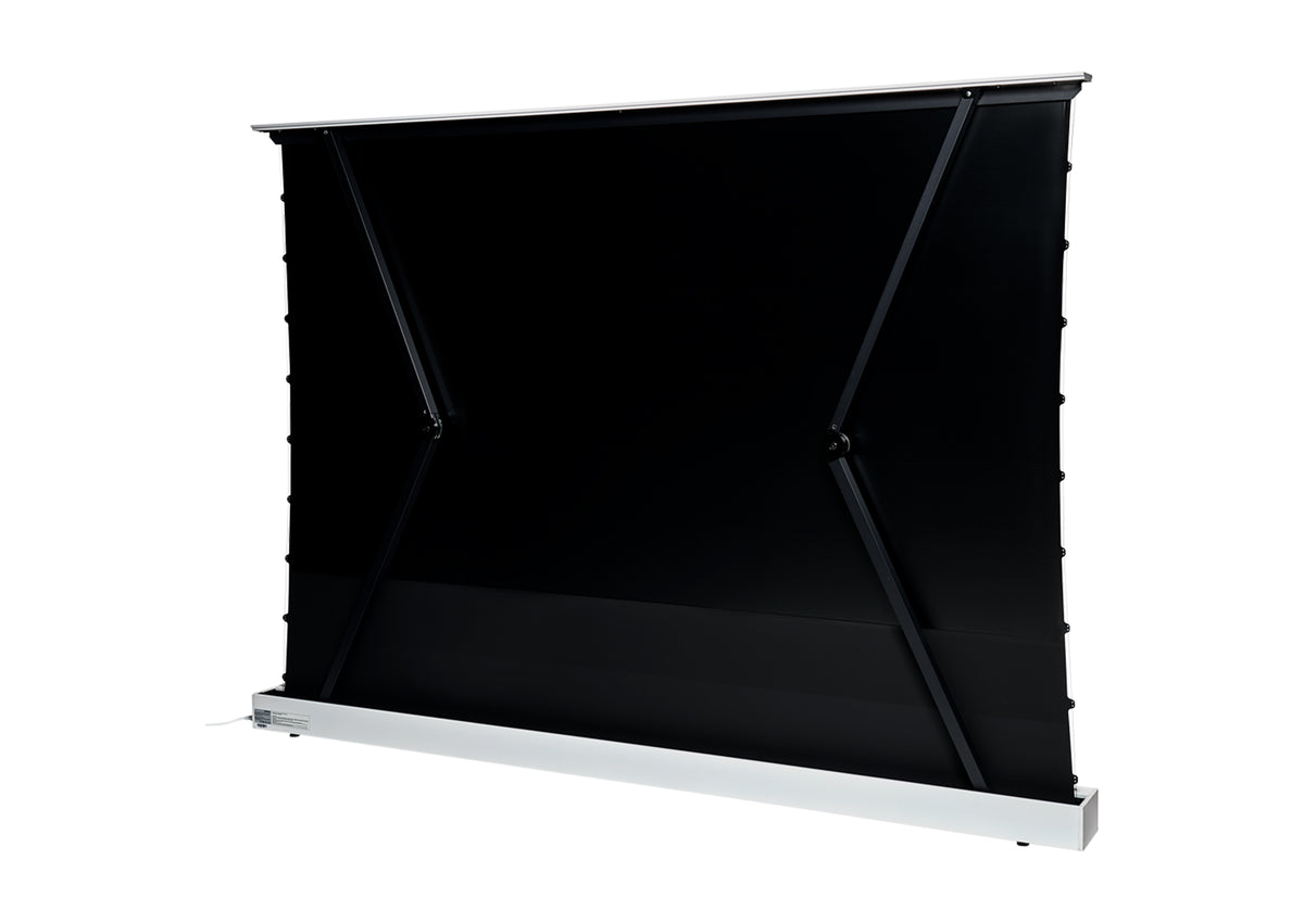 Rear view of the extended celexon HomeCinema V2.0 floor-rising scissor screen in white.