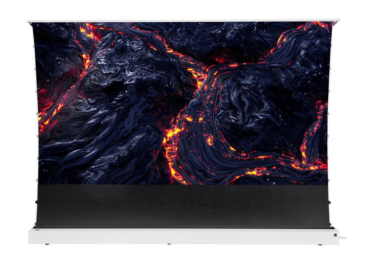 Front view of the extended celexon HomeCinema V2.0 floor-rising scissor screen in white, with a projection showing a close-up of volcanic rock with lava.
