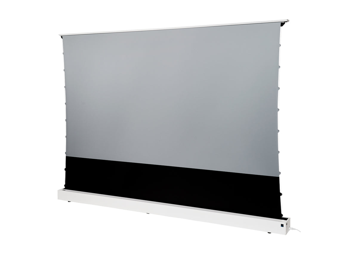 Angled front side view of the extended celexon HomeCinema V2.0 floor-rising scissor screen in white, without projection.
