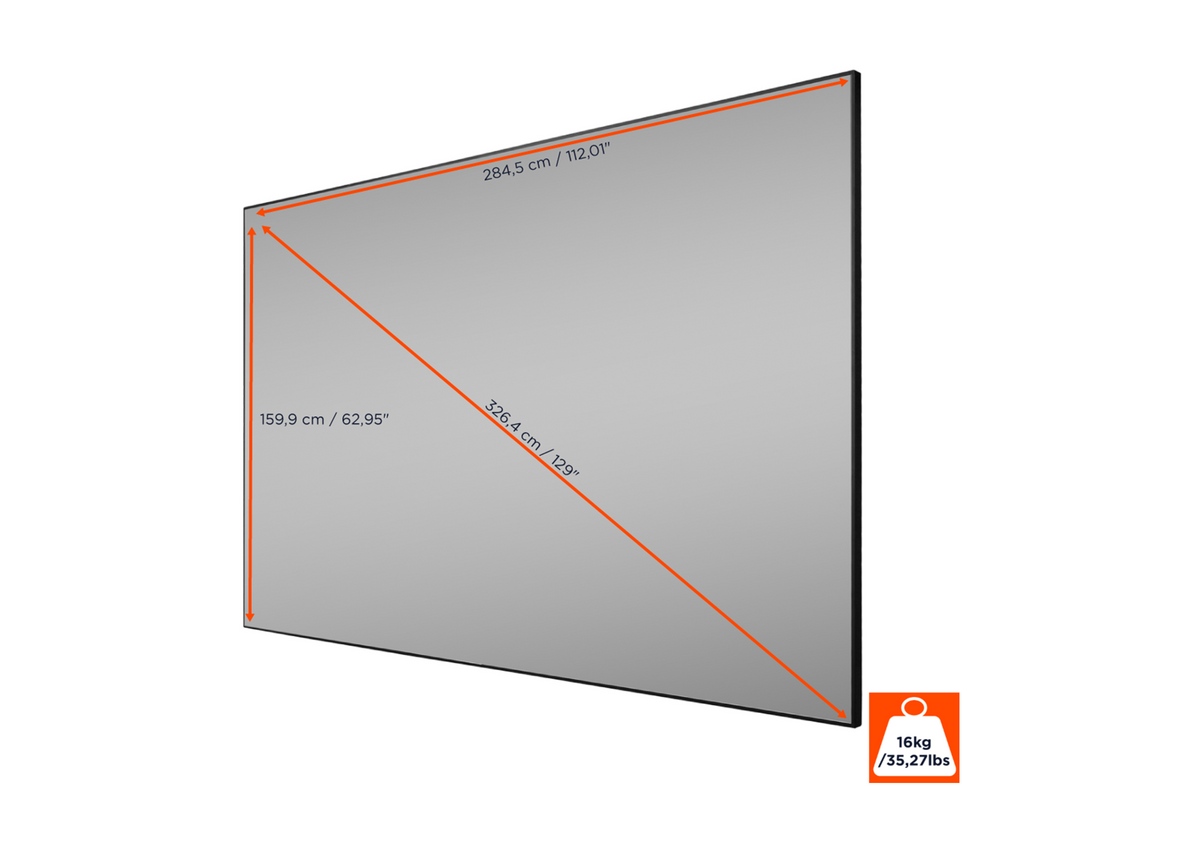 Frontal side view of the celexon CLR HomeCinema UST High Contrast Frame Projector Screen V2.0 with screen dimensions