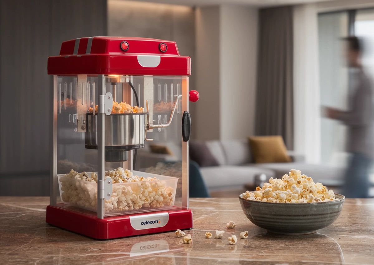 In the foreground, a red celexon CP1000 popcorn machine stands on a dark stone countertop, next to a bowl of freshly popped popcorn, casually and invitingly arranged. The modern living space in the background is deliberately kept out of focus.