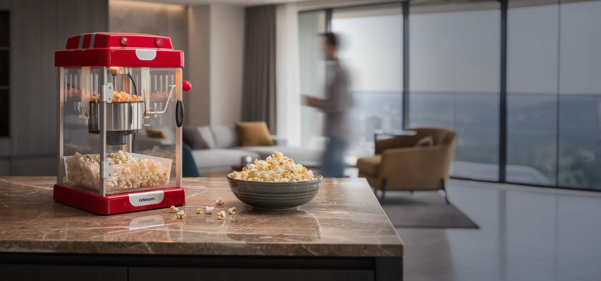 In the foreground, a red celexon CP1000 popcorn machine stands on a dark stone countertop, next to a bowl of freshly popped popcorn, casually and invitingly arranged. The modern living space in the background is deliberately kept out of focus.
