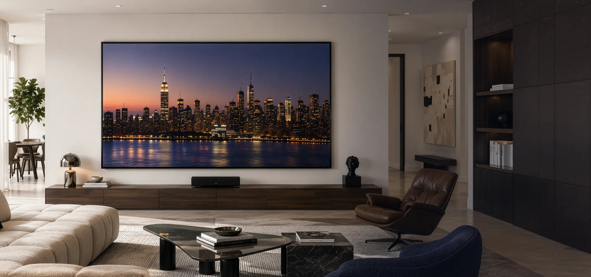 A modern living room featuring a celexon DARKVISION ALR Premium Plus Frame Screen SlimFrame Velvet, displaying an illuminated skyline at dusk. The room is stylishly furnished with a long wooden sideboard, a soundbar, modern seating, and a coffee table.