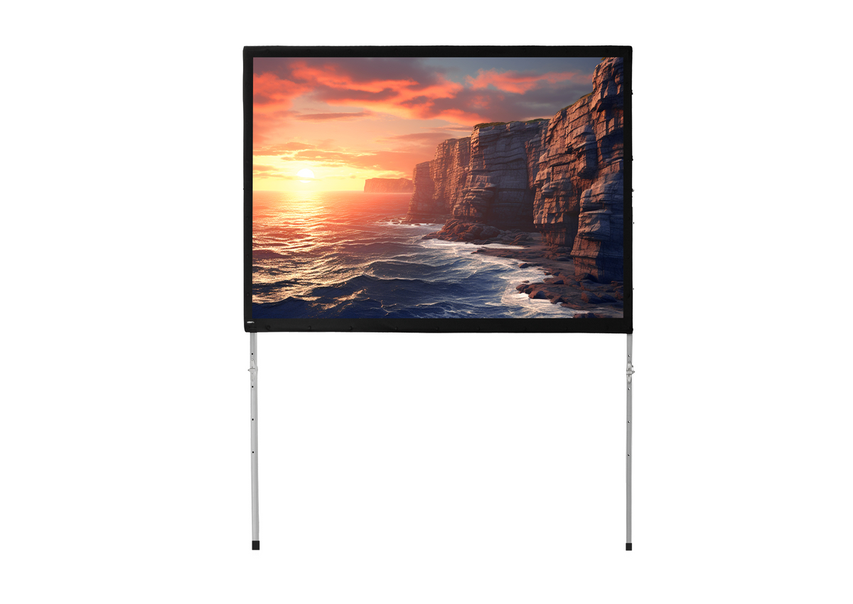 Front View of a fabric for the celexon Folding Frame Projector Screen Mobile Expert, front projection with a projection showing a sea coast with cliffs at sunset format 4-3