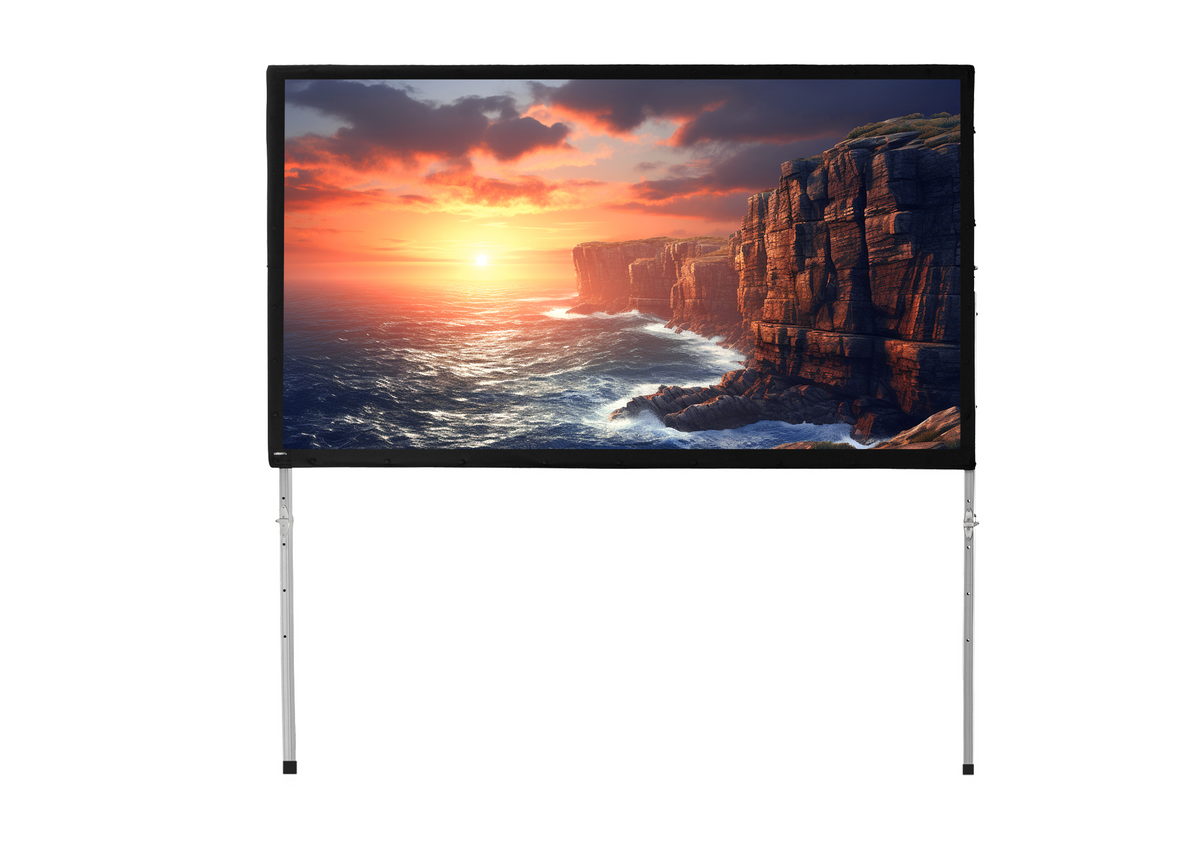 Front View of a fabric for the celexon Folding Frame Projector Screen Mobile Expert, rear projection with a projection showing a sea coast with cliffs at sunset format 16-10