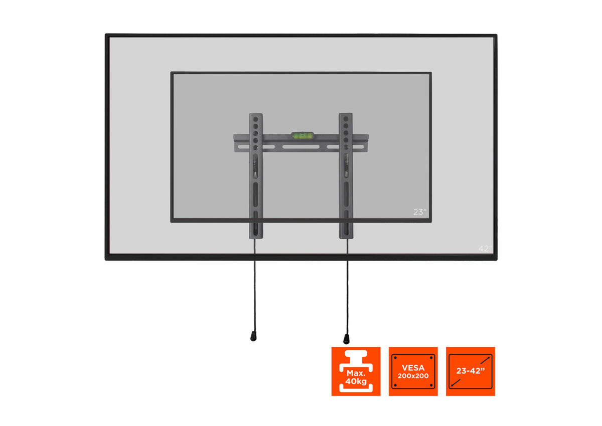 Frontal view of the celexon TV Mount Fixed-422 with suggested displays and technical specs shown as orange icons