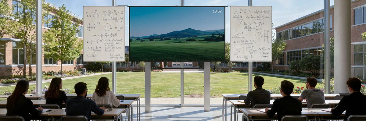 The image shows a modern classroom with large window fronts overlooking a well-maintained campus. In the center stands a large celexon Expert manual 2-column pylon system Adjust-W with a digital display showing a calm landscape of green fields and rolling hills, while traditional whiteboards on the left and right are covered with mathematical formulas and sketches. Several students are seated at tables, facing forward.