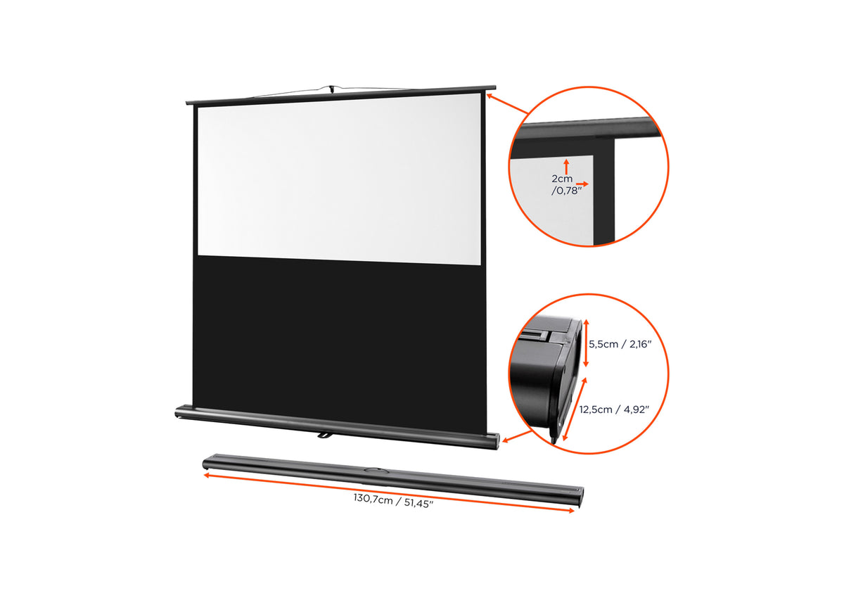 Frontal angled view of the celexon Projector Screen Ultramobile Professional without projection but with a close up of the border and housing, and the folded up screen below