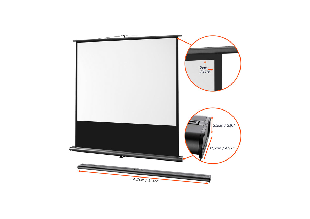 Frontal angled view of the celexon Projector Screen Ultramobile Professional without projection but with a close up of the border and housing, and the folded up screen below