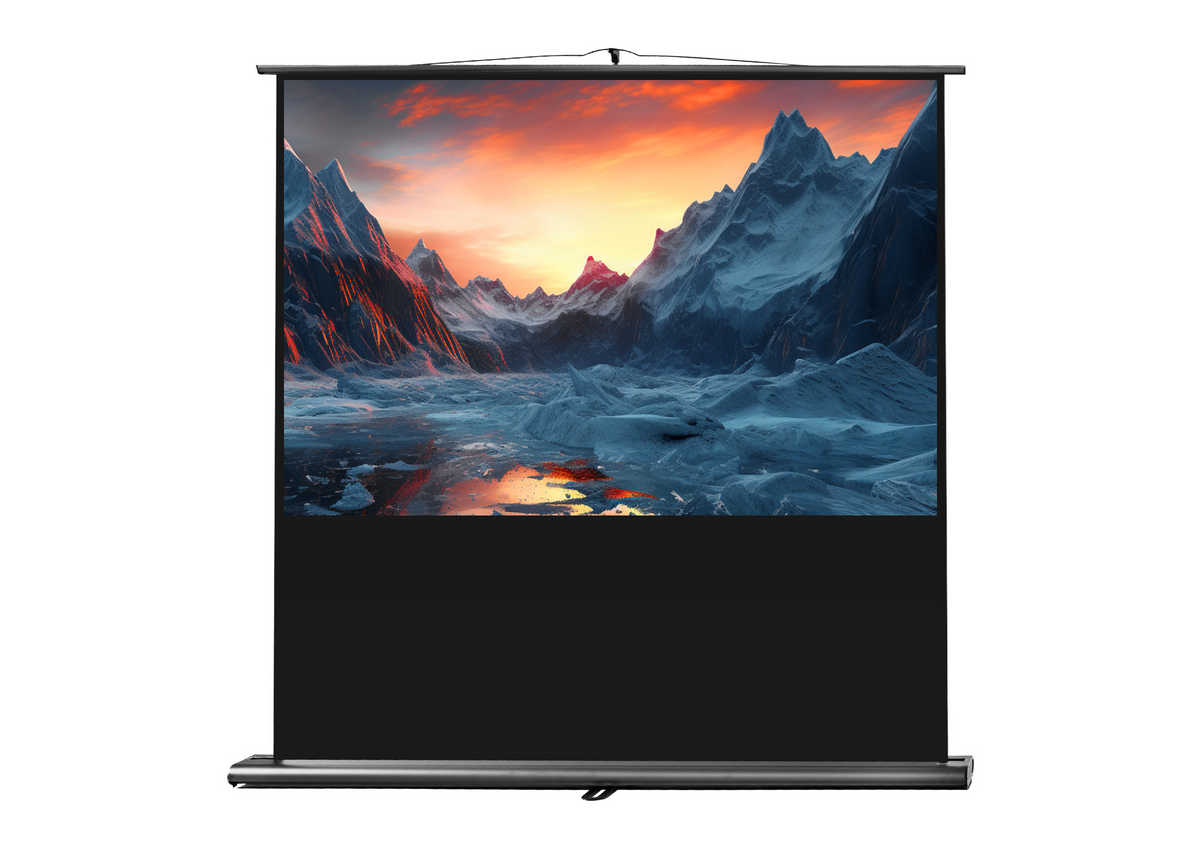 Frontal view of the celexon Projector Screen Ultramobile Professional with a projection showing a Icy mountain landscape