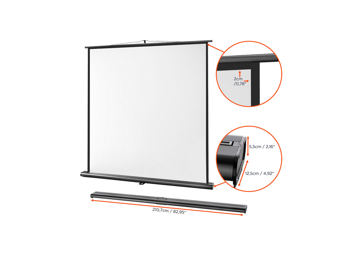 Frontal angled view of the celexon Projector Screen Ultramobile Professional without projection but with a close up of the border and housing, and the folded up screen below
