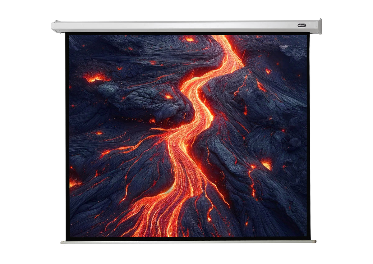 Frontal view of the celexon Projector screen Electric Economy with a projection showing volcanic rock with lava