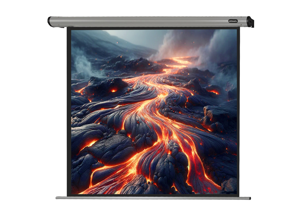 Frontal view of the celexon Projector Screen Electric HomeCinema with a projection showing volcanic rock with lava