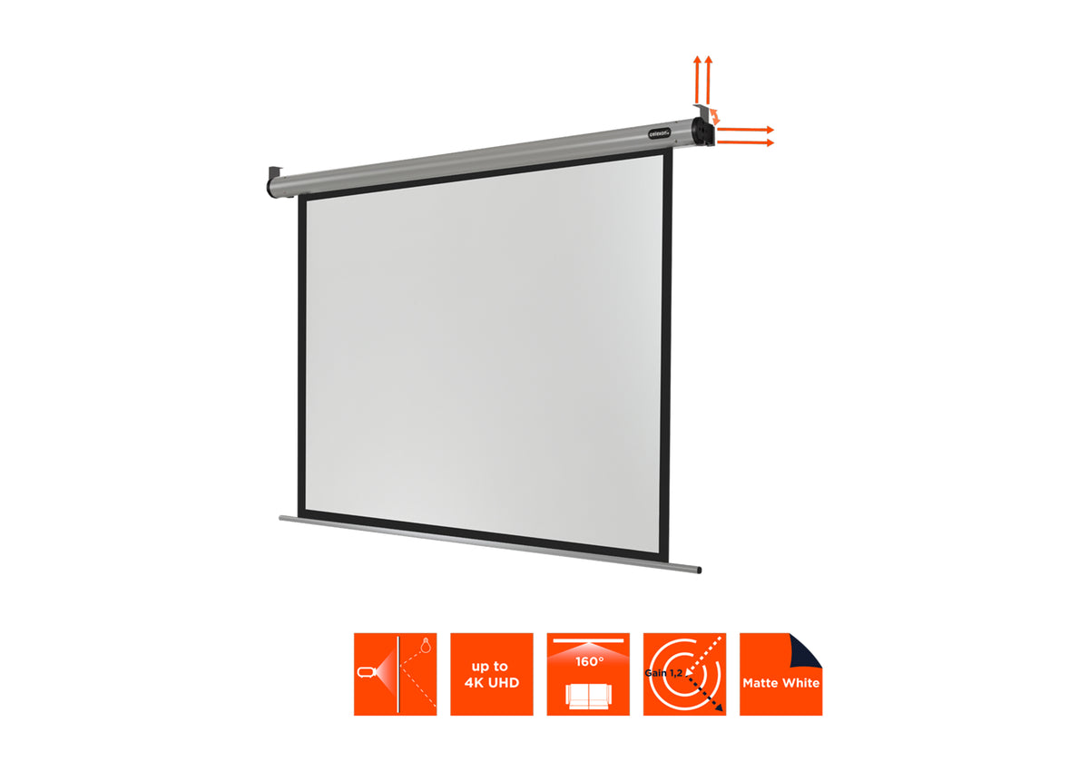 Frontal angled view of the celexon Projector screen Electric HomeCinema without projection, but with technical specs shown as orange icons