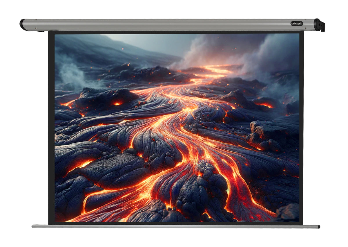 Frontal view of the celexon Projector Screen Electric HomeCinema with a projection showing volcanic rock with lava