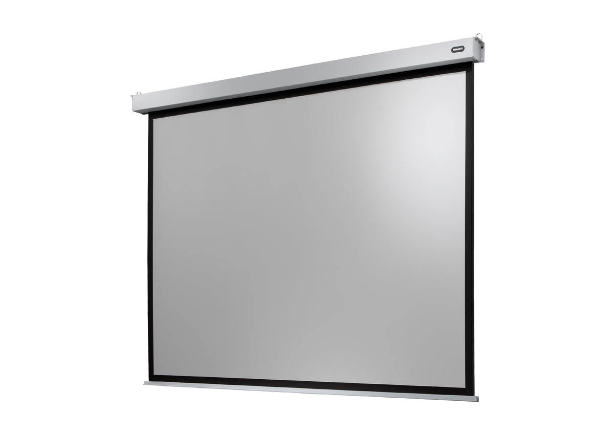 Frontal angled view of the celexon Projector screen Electric Professional Plus without projection