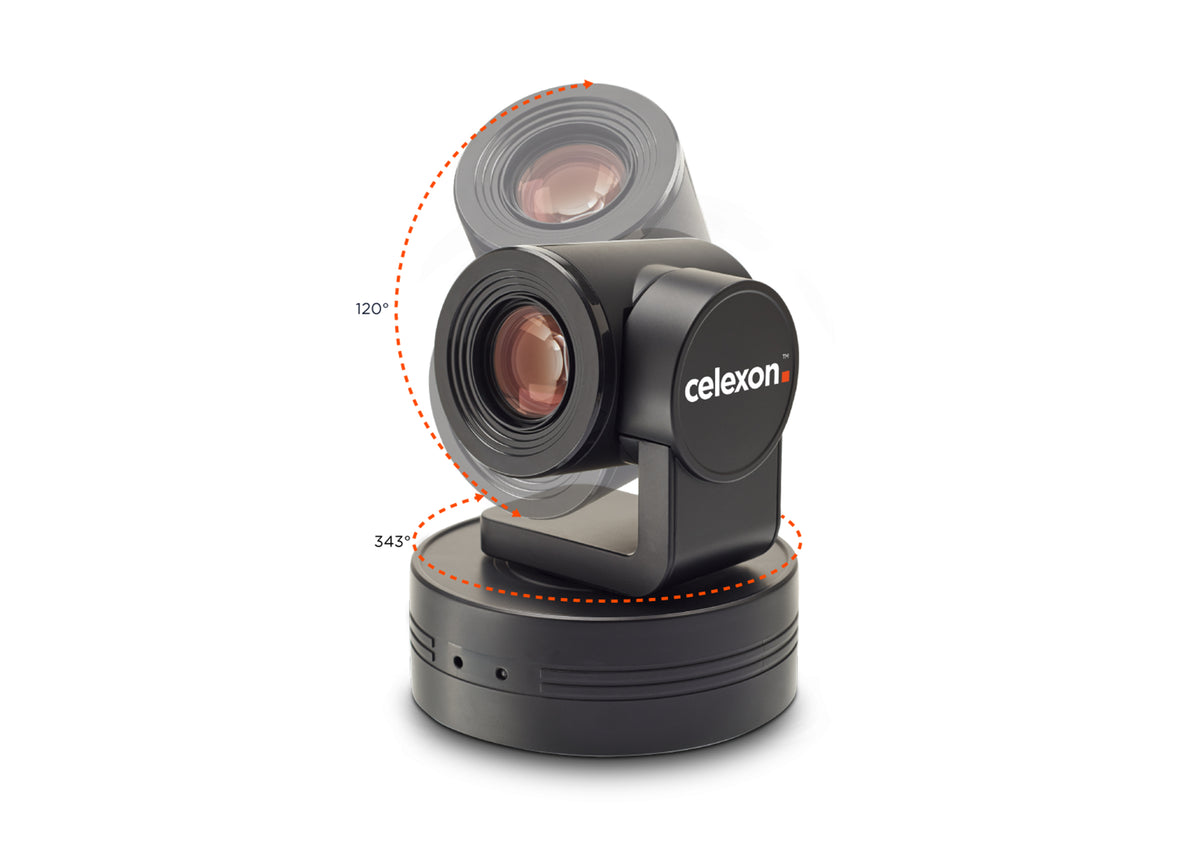 Frontal side view of the celexon PTZ Camera with indicated rotation possibilities