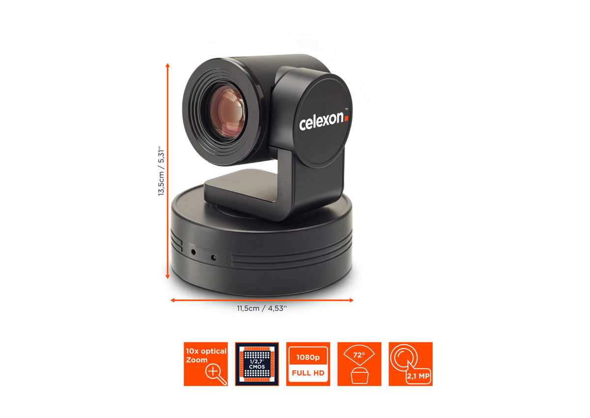 celexon PTZ Camera Full HD Video Conference System VKS2040 camera with dimensions indicated and technical specs shown as orange icons