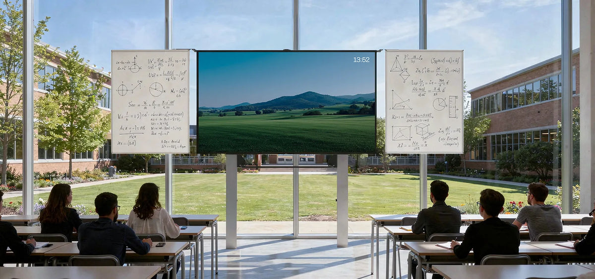 The image shows a modern classroom with large window fronts overlooking a well-maintained campus. In the center stands a large celexon Expert manual 2-column pylon system Adjust-W with a digital display showing a calm landscape of green fields and rolling hills, while traditional whiteboards on the left and right are covered with mathematical formulas and sketches. Several students are seated at tables, facing forward.