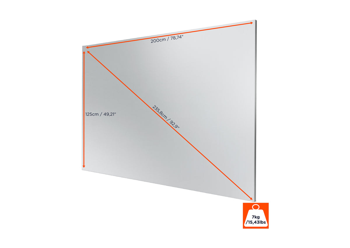 Frontal angled view of the celexon Expert Fixed Frame Projector screen PureWhite without projection, but with screen dimensions indicated