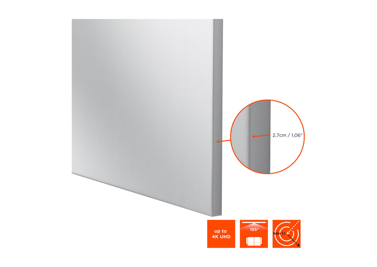 Frontal angled view of the celexon Expert Fixed Frame Projector screen PureWhite with a close-up of the frame dimensions and technical specs as orange icons below