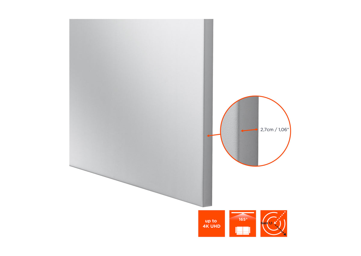Frontal angled view of the celexon Expert Fixed Frame Projector screen PureWhite with a close-up of the frame dimensions and technical specs as orange icons below