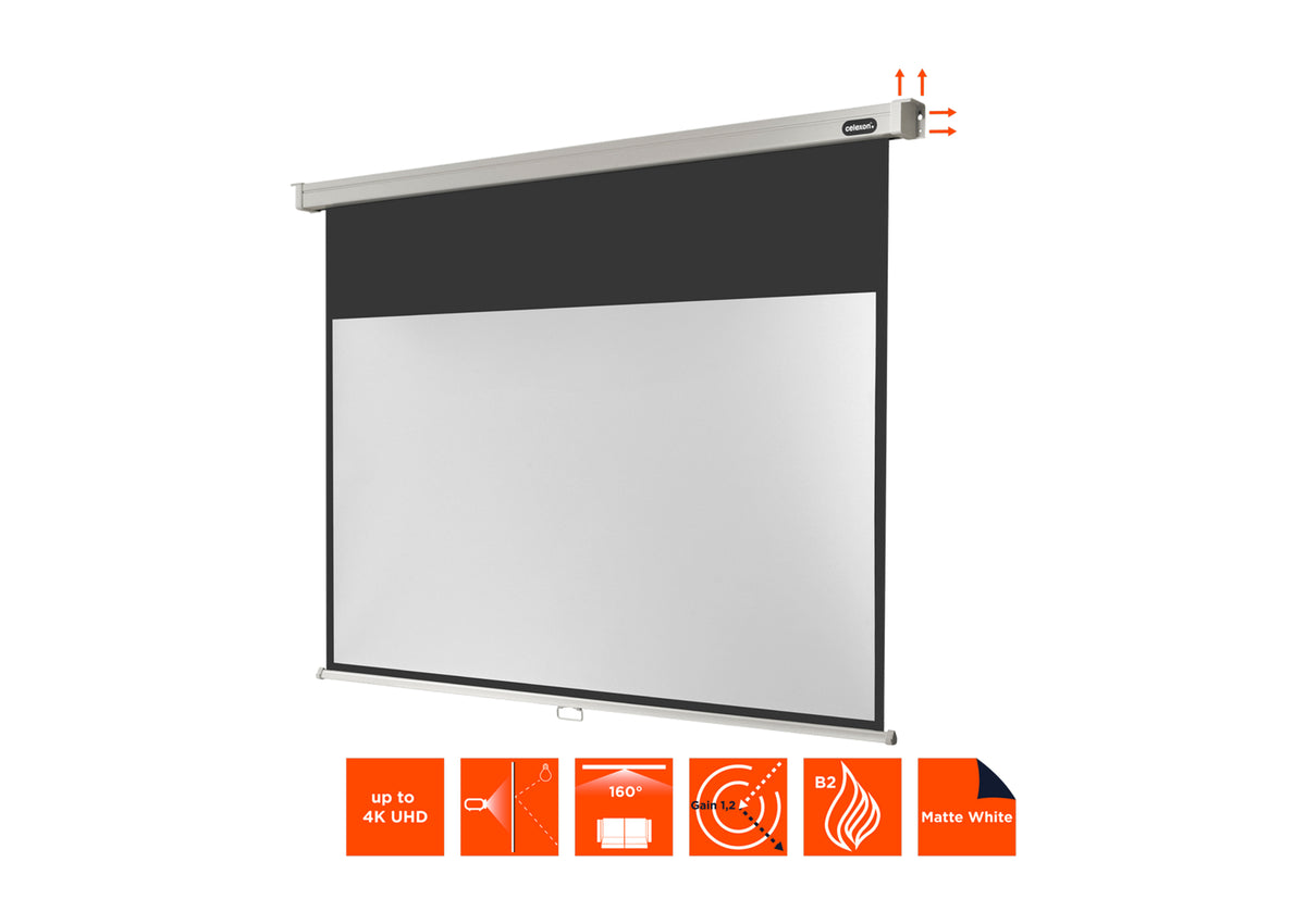 Frontal angled view of the celexon Projector screen Manual Professional without projection, but with technical specs shown as orange icons