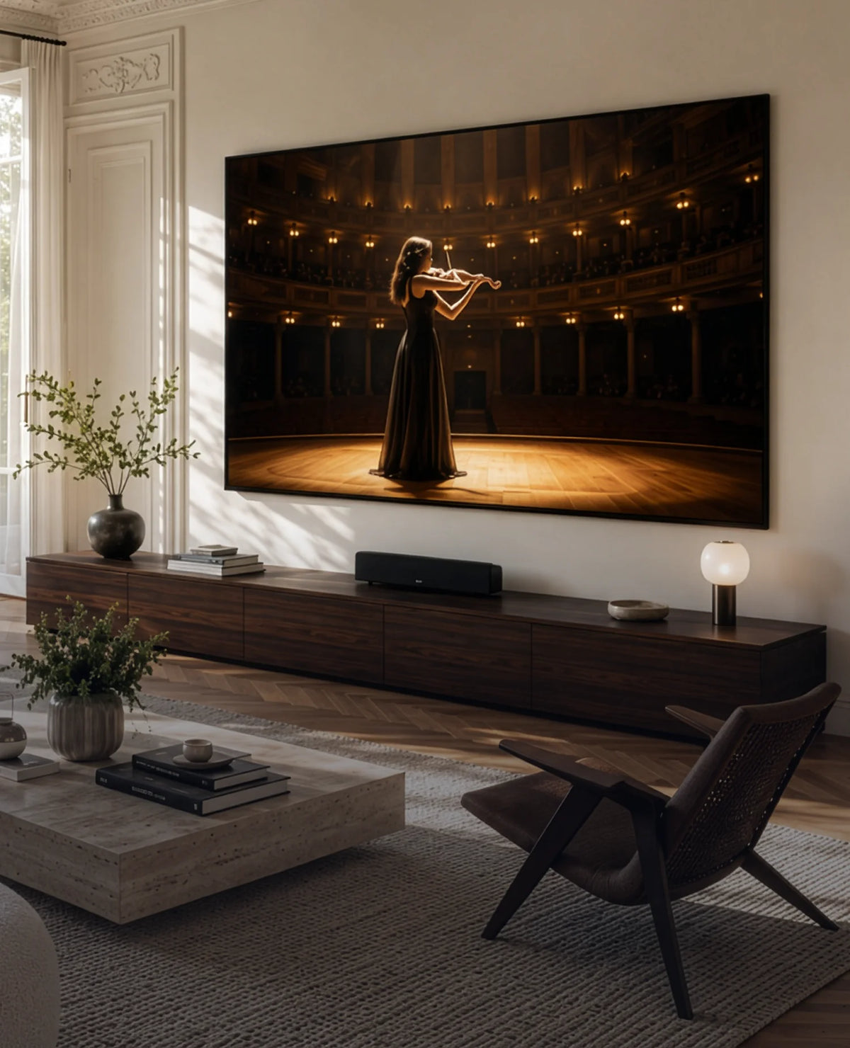An elegant living room featuring a celexon SoundVision fixed-frame projection screen displaying a violinist in an illuminated concert hall. Below it is a long wooden sideboard with a soundbar and decorative home accessories.