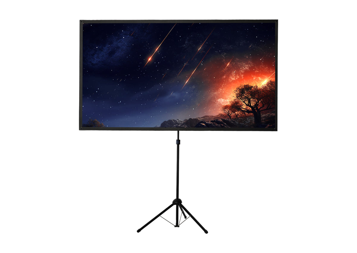 Frontal view of the celexon Tripod screen Ultra Light-weight showing a projection with glowing meteors and stars in the dark night sky