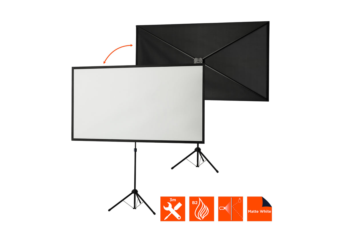 Front and rear view of the celexon Tripod screen Ultra Light-weight with technical specs as orange icons