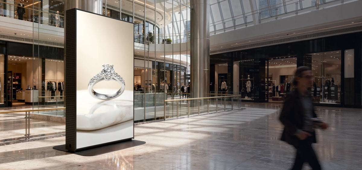 The image shows a large, freestanding digital advertising display in a modern shopping mall with high glass architecture and open galleries. On the vertical screen, an elegant advertisement of a diamond ring is presented. Boutiques and shop windows surround the display.