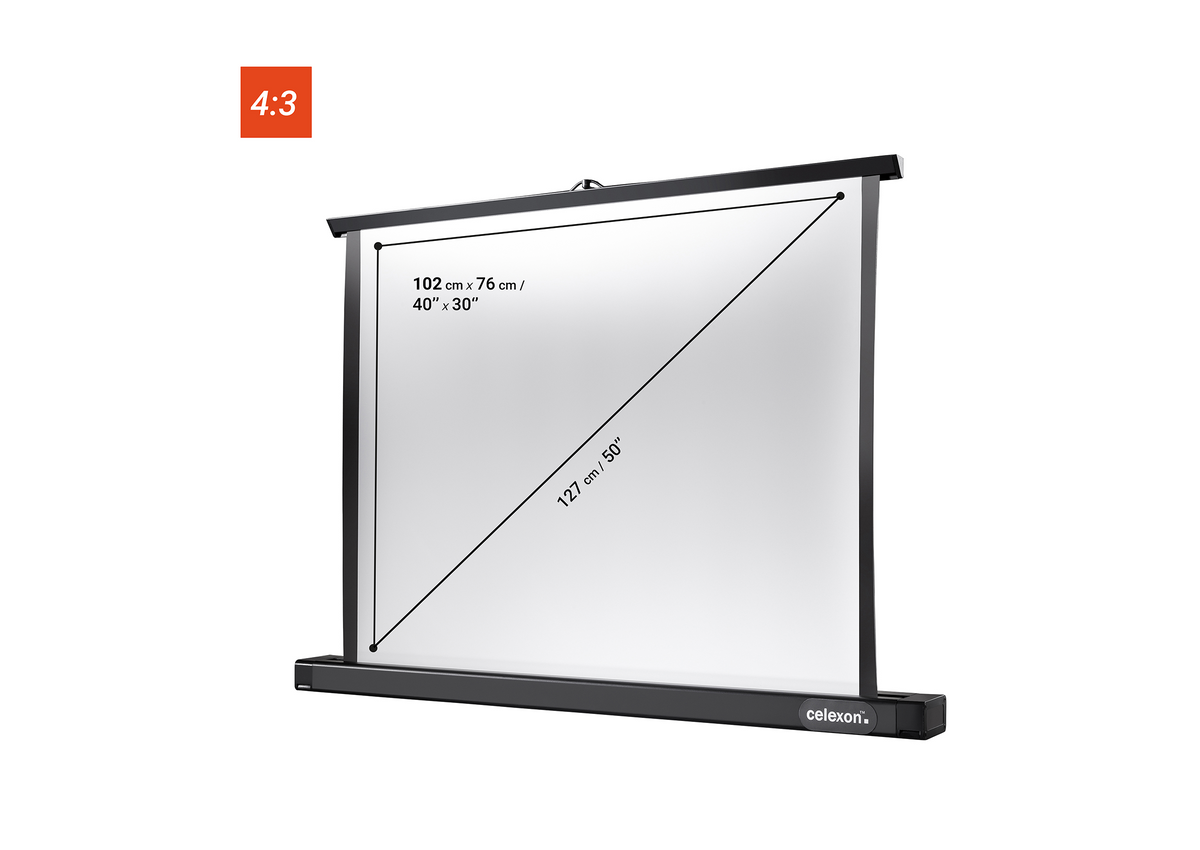 Front view of the celexon Professional Mini tabletop screen without projection, but with the screen dimensions indicated.