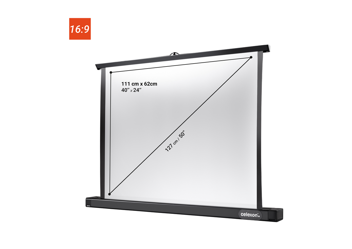 Front view of the celexon Professional Mini tabletop screen without projection, but with the screen dimensions indicated.