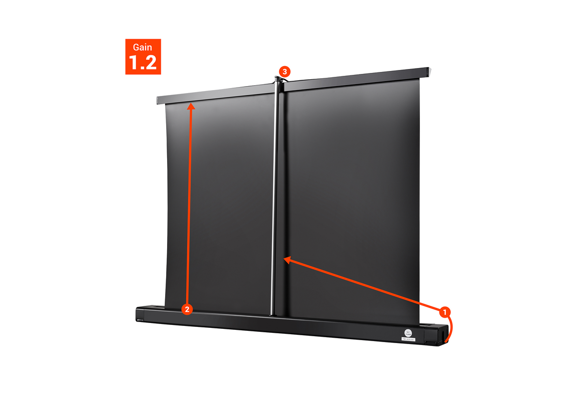 Numbered assembly instructions for the Professional Mini tabletop screen, shown using the rear side of the screen.