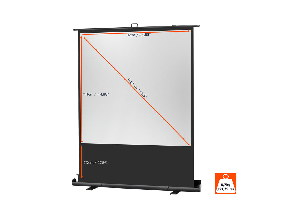 Frontal angled view of the celexon Projector Screen Ultramobile plus Professional without projection but with screen dimensions indicated
