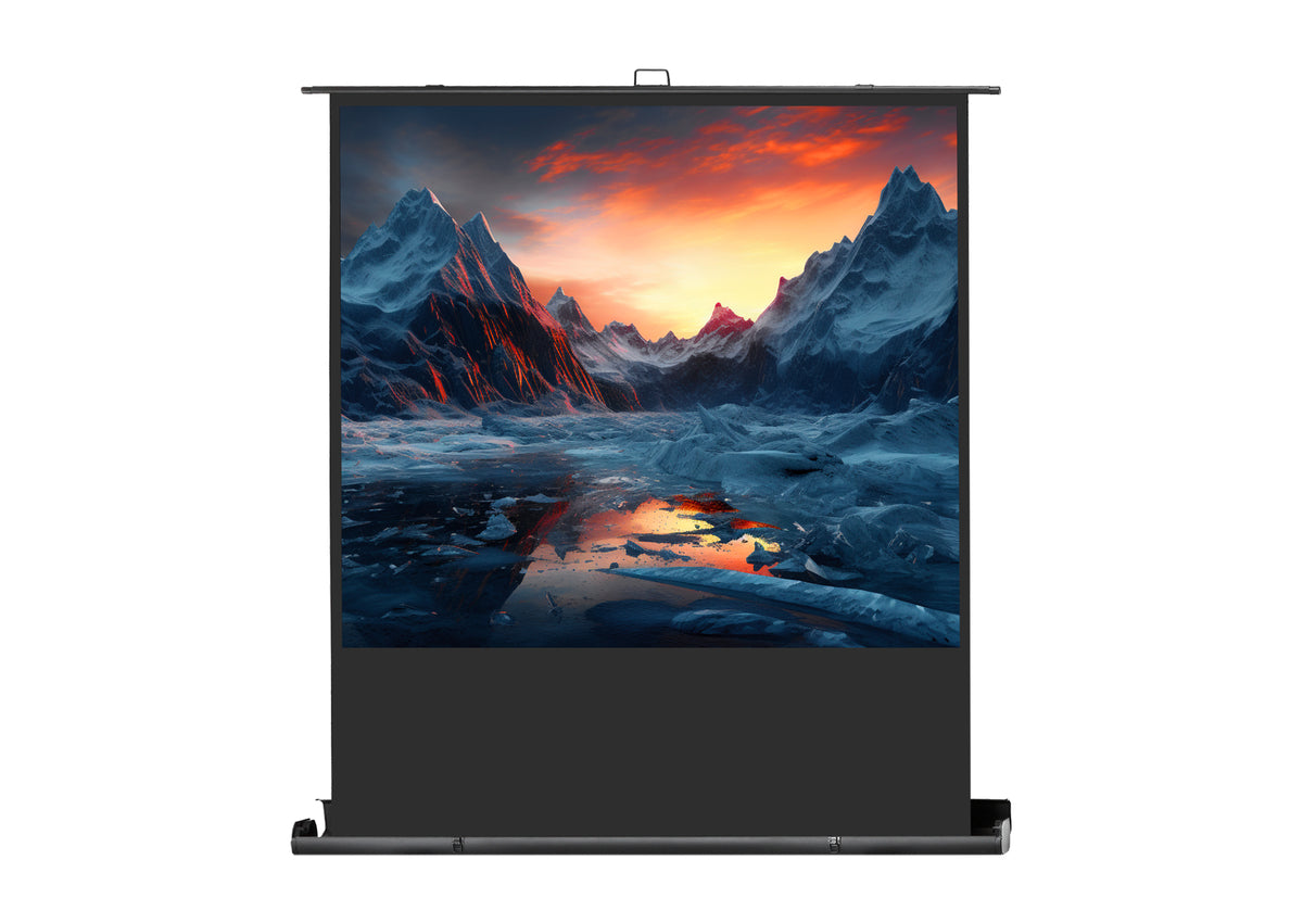 Frontal view of the celexon Projector Screen Plus Ultramobile Professional with a projection showing a Icy mountain landscape