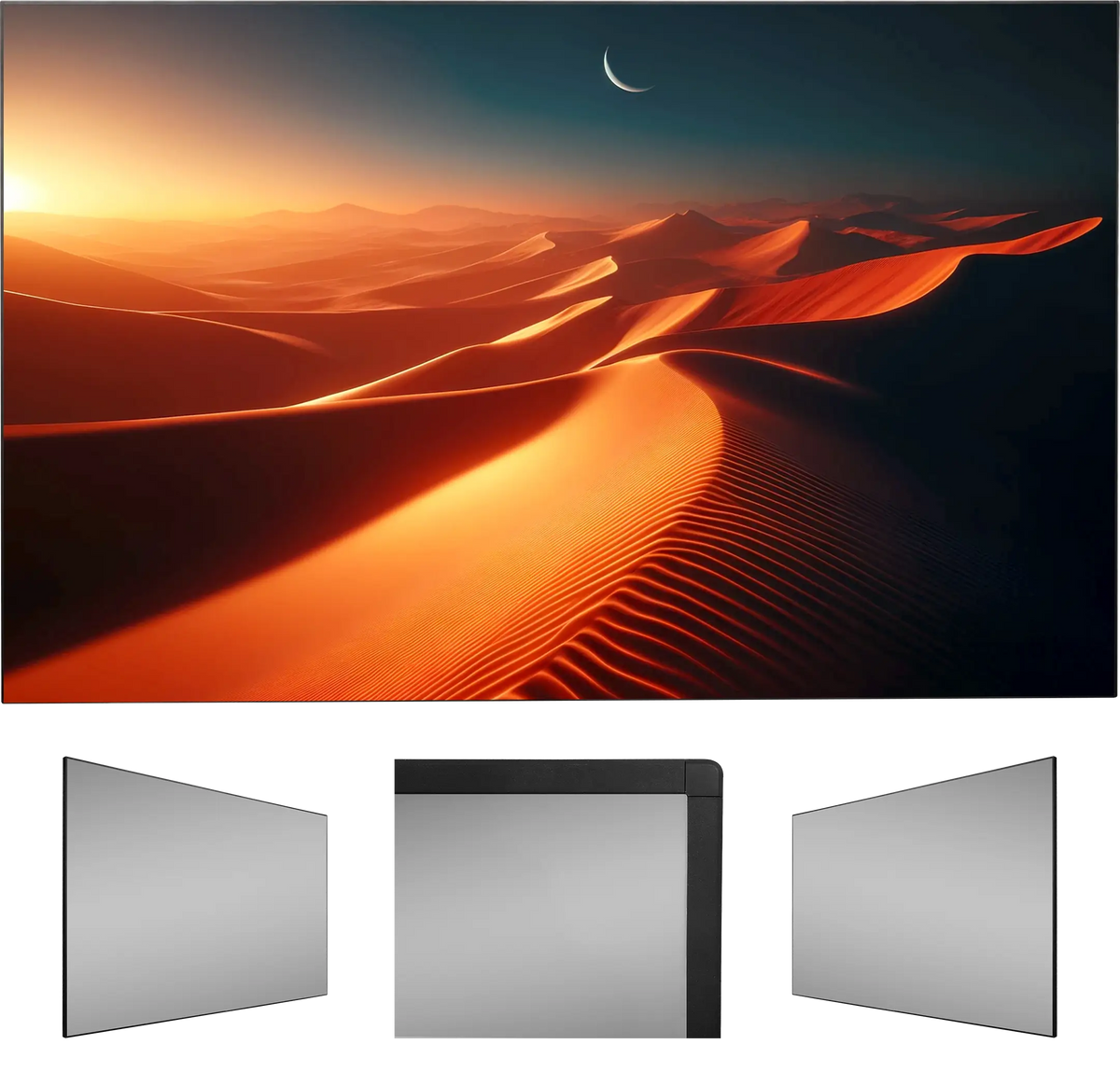 Front view of the celexon HomeCinema UST high contrast framed screen BrightOnyx with a projection of a vast desert landscape. Below it, three additional images of the BrightOnyx screen.
