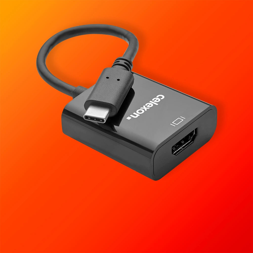 HDMI adapter arranged in loops on an orange background