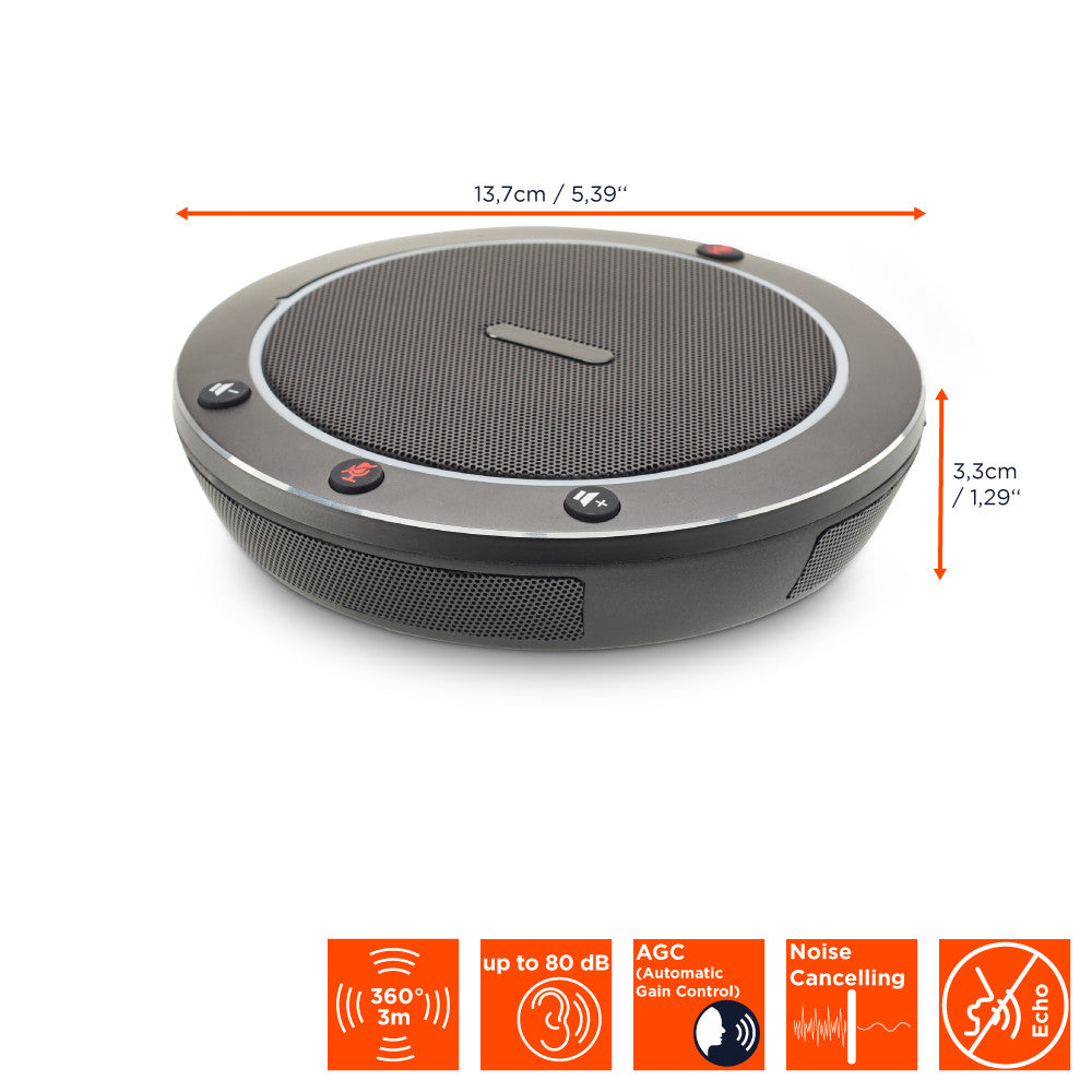 celexon PTZ Camera Full HD Video Conference System VKS2040 microphone with dimensions indicated and technical specs shown as orange icons