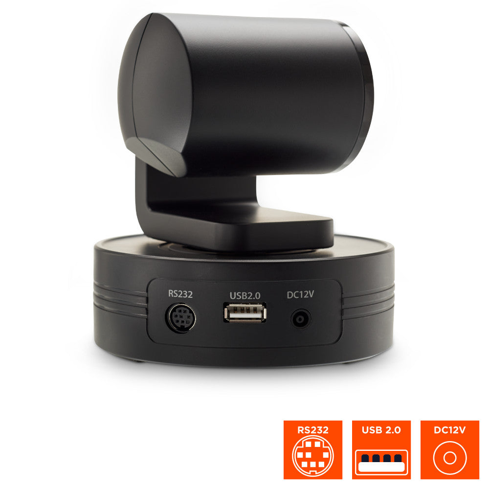 Rear side view of the celexon PTZ Camera with focus on the connections and technical specs shown as orange icons