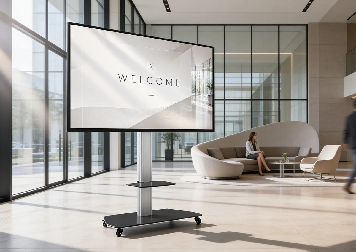 A bright, modern lobby with large glass fronts and elegant seating furniture; in the foreground stands a mobile digital display on a celexon Professional height-adjustable display trolley Adjust-3270MP with the word “Welcome” on it. In the background, people are sitting and walking through the open reception area with stylish furnishings and floral decorations.