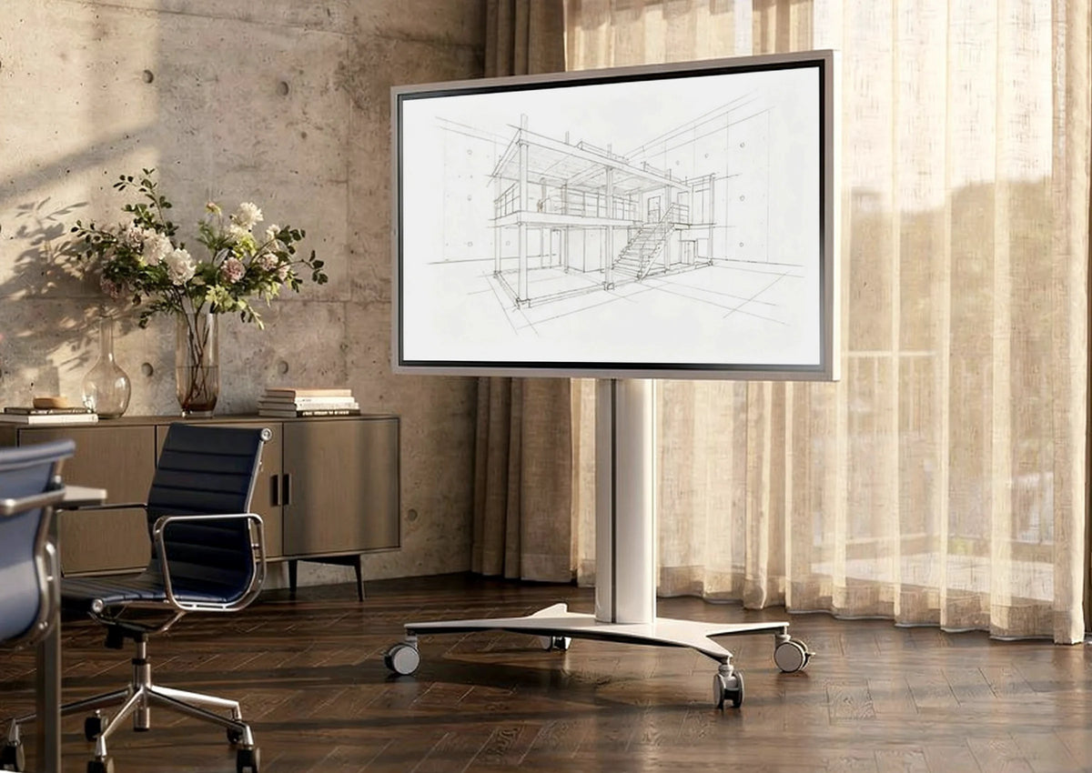 The image shows a modern office or creative studio with a celexon Seoul display trolley. On the screen, an architectural sketch of a building is displayed.